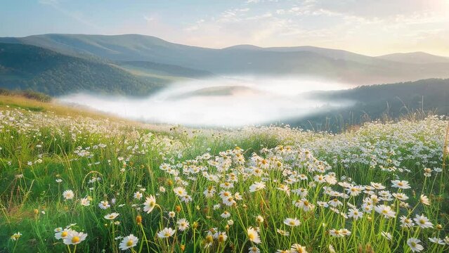 blooming white flowers. nature background with foggy summer. seamless looping overlay 4k virtual video animation background