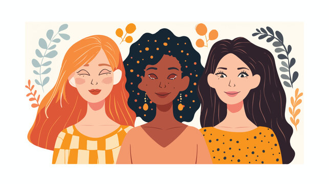 Happy womens day card with three women of different