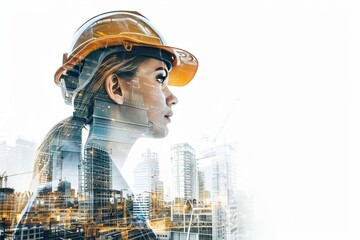 Construction worker woman double exposure with building - obrazy, fototapety, plakaty