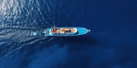 From the aerial perspective, a lavish yacht finds sanctuary in the secluded bay of an exotic tropical island, where the azure sea meets the powdery white sands in perfect harmony.
