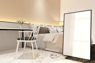 Modern contemporary  bedroom with frame mock up on the wall. Design 3d rendering of beige and light wood. Design print for illustration, presentation, mock up, interior, zoom, background. Set 4