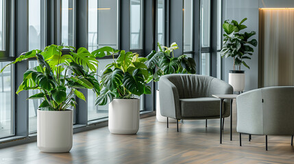modern eco friendly office interior decorated with plants, environment friendly office interior architecture, tables chairs plants, philodendron plants in office - obrazy, fototapety, plakaty