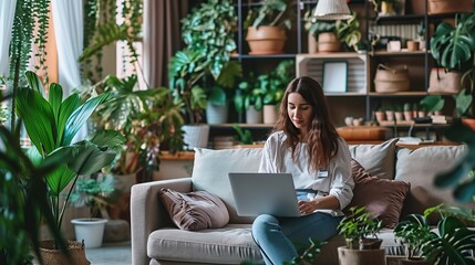Women's remote work wellness. Work-life balance for women. A woman using laptop in the coziest place.
