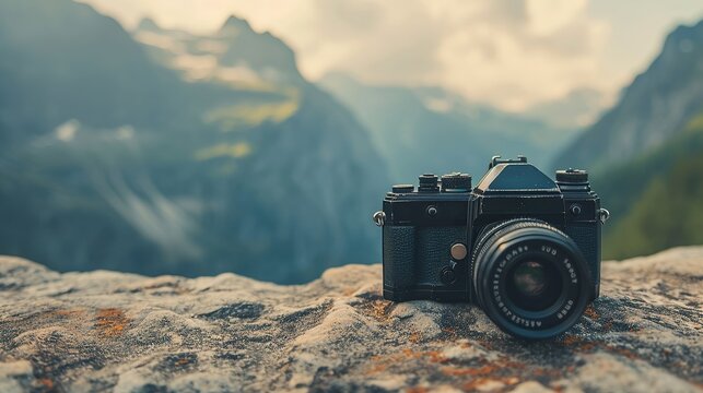 World photography day camera with mountain landscape background.