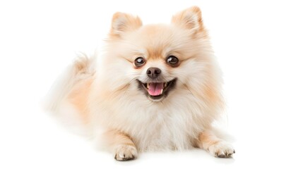 Little purebred dog, cream color pomeranian Spitz dog isoltaed over white studio background. Pet look happy, groomed and calm. Care, fashion, animal and ad