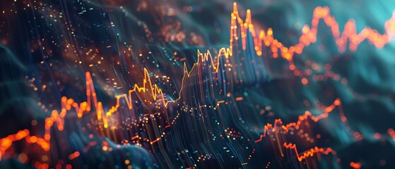 A dynamic 3D graph showing real time stock market fluctuations with peaks and troughs embodying the volatility and excitement of trading - obrazy, fototapety, plakaty