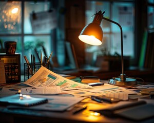 A financial planners desk strewn with reports and graphs as they strategize retirement plans under the glow of a desk lamp