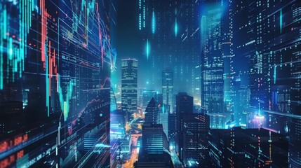 A futuristic cityscape with holographic stock market charts soaring between skyscrapers capturing the essence of financial growth in a digital age - obrazy, fototapety, plakaty