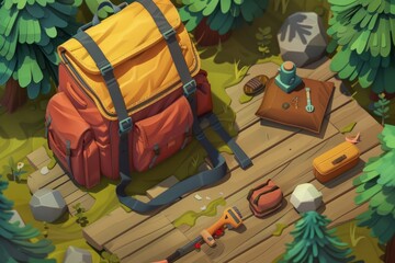 vivid display of outdoor exploration essentials, with a brightly colored backpack and navigational tools set