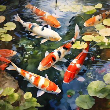 Beautiful Colorful Koi Fish Drawn in Watercolor in a Crystal Clear Lake.