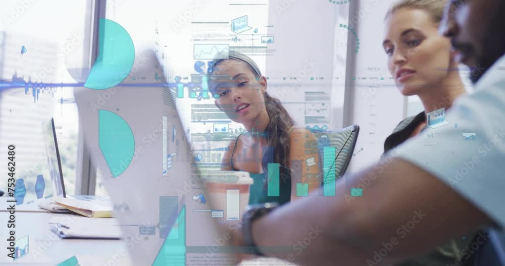 Poster animation of data processing and diagrams over diverse colleagues discussing work