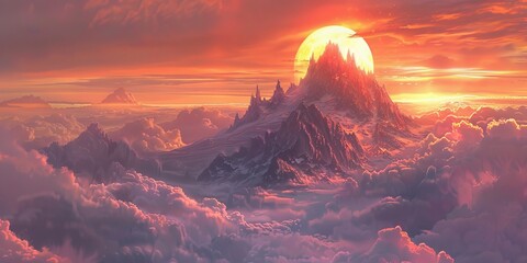 A mountain peak piercing the clouds home to dragons and their hoards with a backdrop of a setting sun - obrazy, fototapety, plakaty