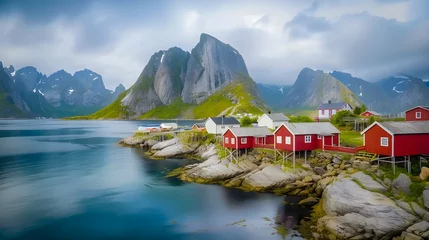 Poster Reinefjorden Lofoten islands landscape with tipical red houses, Norway