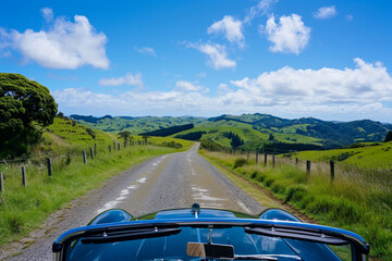  Scenic Drive Through Rolling Green Hills Under Blue Sky Viewed from Vintage Car