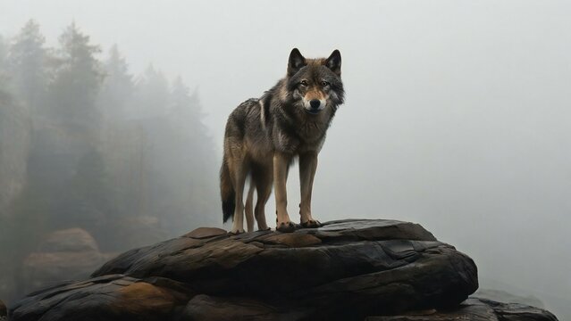 A wolf standing on the rock on fogy background