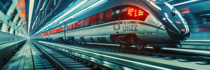 A sleek high speed train adorned with digital tickers displaying live market updates representing fast paced financial information dissemination - obrazy, fototapety, plakaty