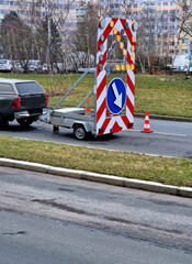 road repair or broken down car must be marked on highway with arrow with flashing orange lights...