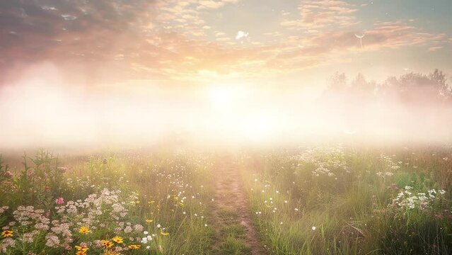 path in a foggy field with blooming different wildflowers. seamless looping overlay 4k virtual video animation background