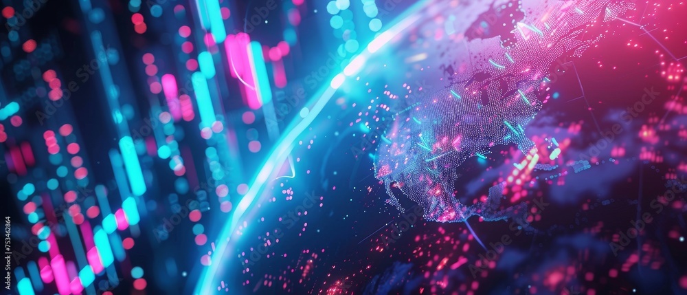 Poster an abstract visualization of the stock market with 3d graphs and figures floating against a backdrop