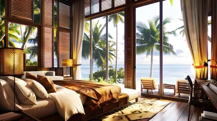 Fotobehang Luxury interior hotel room in the tropical country with sea view © PSCL RDL