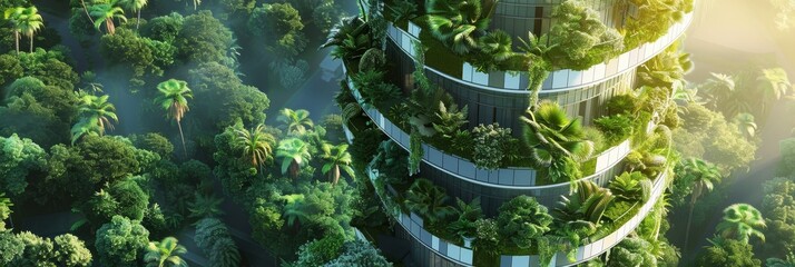 An eco friendly corporate tower with vertical gardens on every floor powered by renewable energy - obrazy, fototapety, plakaty