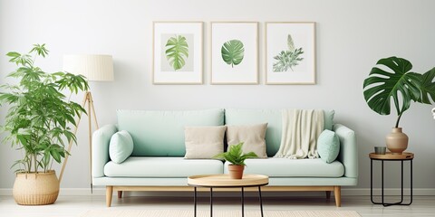 Modern, stylish Scandinavian living room with a mint sofa, furniture, a poster, plants, and elegant personal accessories. Bright and sunny template ready to use for home decor.