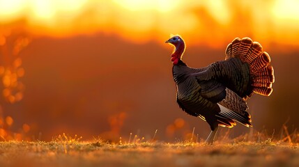 Male wild turkey strutting. sunset. Wildlife - obrazy, fototapety, plakaty