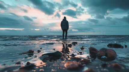 Man stands on the surface of water at fall of tide and and watch - obrazy, fototapety, plakaty