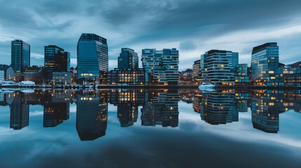 Modern buildings in Oslo with their reflection into the water