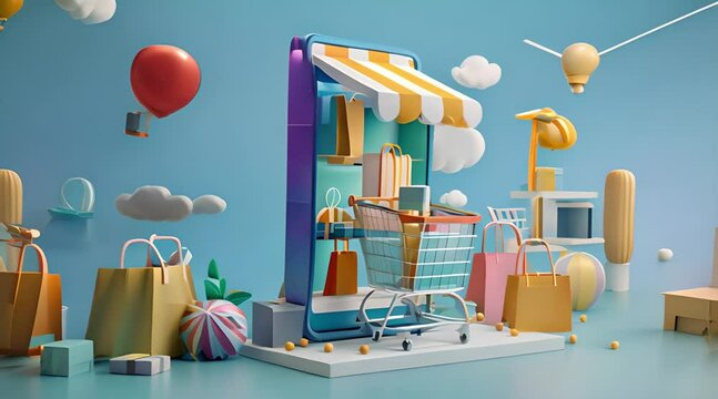 Shop at online online stores on 3d rendering smartphone mobile apps