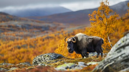 Musk ox (Ovibos moschatus) in autumn landscape in Dovre national park, Norway - obrazy, fototapety, plakaty