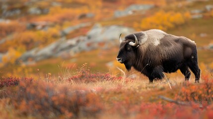 Musk ox (Ovibos moschatus) in autumn landscape in Dovre national park, Norway