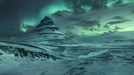 Küchenrückwand Plexiglas Kirkjufell northern lights appear over Mount Kirkjufell in Iceland