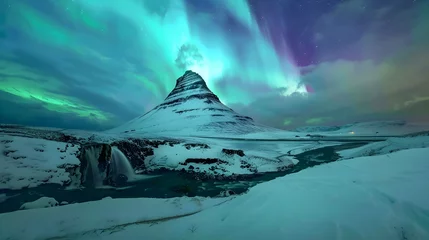 Foto auf Acrylglas Antireflex Kirkjufell northern lights appear over Mount Kirkjufell in Iceland