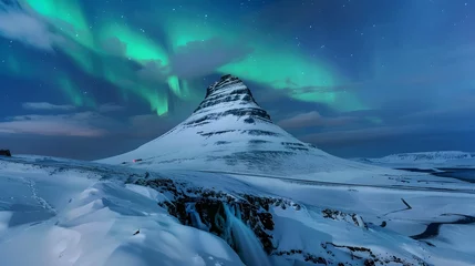 Fototapete Kirkjufell northern lights appear over Mount Kirkjufell in Iceland
