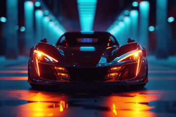 Sleek black sports car with distinctive headlights driving down a futuristic illuminated tunnel - obrazy, fototapety, plakaty