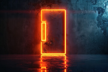  Neon glow of an abstract door outline in a dark, grungy room with a reflective floor