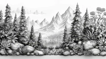 Afwasbaar Fotobehang Bergen Line drawings of a mountain landscape