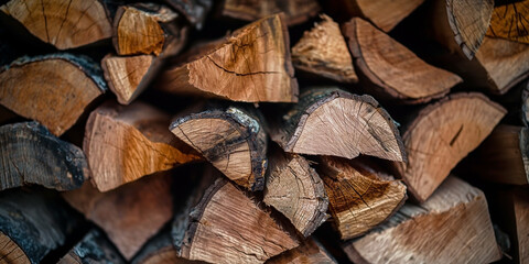 Rustic pile of seasoned firewood logs ready for winter fireplace warmth