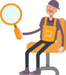 Service Man Character Sitting and Holding Magnifier
