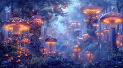 Amazing digital painting concept of a fantasy forest with towering mushrooms lit by inner light. Amidst the pure mist landscape