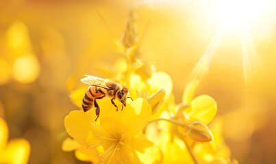 A rapeseed flower is in the rapeseed field and a little bee is picking honey, Generative AI 