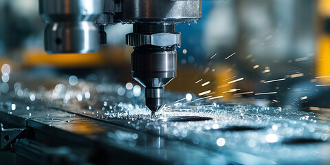A detailed view of a CNC milling machine in action, precision cutting through a sheet of glass with metalwork set up process visible.