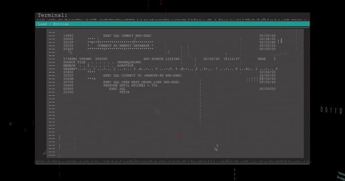 Animation of layers of binary and text data processing on black background