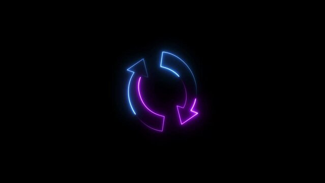 Neon arrow loading icon and uploading animation. Neon arrow  sign rotation on black background