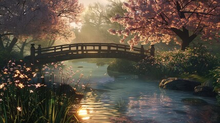 Tranquil Zen garden at sunrise With a stream of water that flows slowly cherry blossoms in full bloom and a quaint wooden bridge