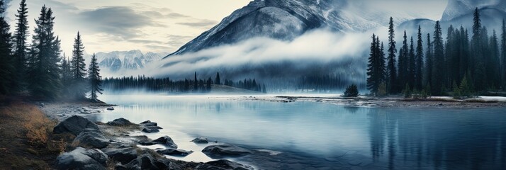 Scenic Mountain Lake in Banff National Park, Alberta, Canada. Nature Landscape with Foggy