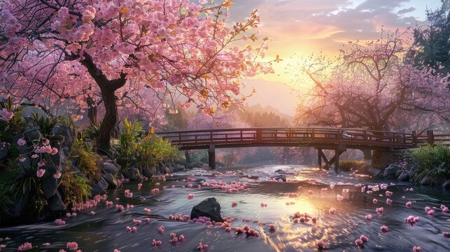 Tranquil Zen garden at sunrise With a stream of water that flows slowly cherry blossoms in full bloom and a quaint wooden bridge