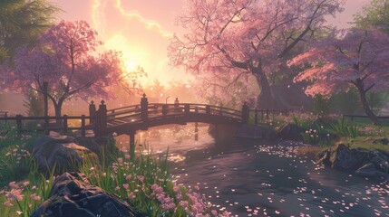 Tranquil Zen garden at sunrise With a stream of water that flows slowly cherry blossoms in full bloom and a quaint wooden bridge
