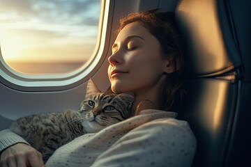 A young beautiful woman sleeps near an airplane window hugging a cat during a flight. A tired girl dozes on an airplane with a view of the sunset, dawn. - obrazy, fototapety, plakaty